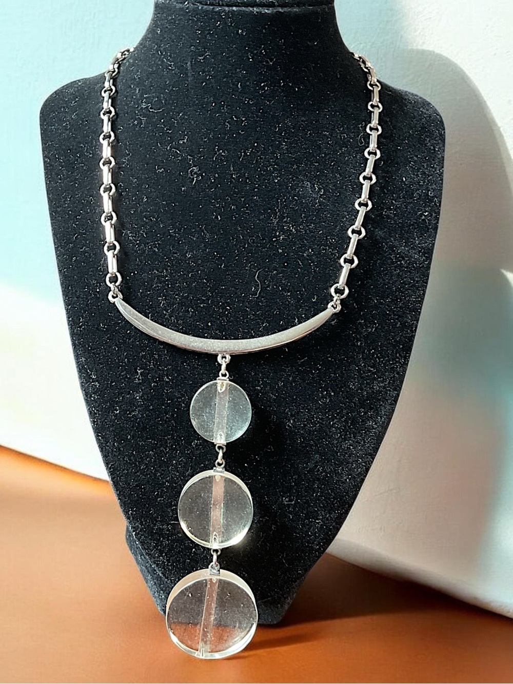 Vintage Lucite Groovy Statement Necklace Silver Tone